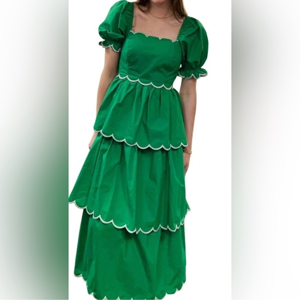 Anthropologie English Factory Green Tiered Dress with Scalloped Edges - Picture 2 of 8